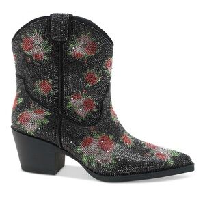Floral Embellished Black Ankle Boots
